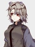  1girl absinthe_(arknights) animal_ears arknights arm_up bear_ears bear_girl black_jacket black_neckwear blush closed_mouth commentary_request expressionless grey_hair highres hourai_kochou jacket looking_away necktie red_eyes simple_background solo upper_body white_background 