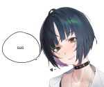  1girl among_us black_choker black_hair bob_cut brown_eyes choker colored_inner_hair godekasu head_tilt heart highres jewelry labcoat looking_at_viewer meme multicolored_hair necklace persona persona_5 simple_background smile solo studded_choker takemi_tae upper_body white_background 