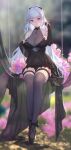  1girl :d absurdres animal_ears artist_name bangs black_dress black_legwear black_panties blunt_bangs blurry blurry_background breasts bright_pupils character_request cleavage closers commentary_request day depth_of_field detached_sleeves dress flower full_body garter_straps highres large_breasts long_hair long_sleeves looking_at_viewer open_mouth outdoors panties pantyshot pink_eyes pink_flower pink_rose rose short_dress silver_hair smile solo swd3e2 swing thighhighs underwear upskirt very_long_hair wolf_ears 