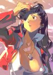  1girl breasts brown_eyes cleavage covered_nipples cropped_jacket cross cross_necklace english_commentary eyewear_on_head highres hot jacket jewelry katsuragi_misato large_breasts long_hair looking_to_the_side necklace neon_genesis_evangelion optionaltypo popped_collar red_jacket solo steam sweat tank_top upper_body 