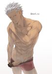  1boy abs archer_(fate) artist_name bangs censored collarbone contrapposto cowboy_shot fate/stay_night fate_(series) grey_background grey_hair grey_pubic_hair hand_on_own_shoulder highres male_focus male_pubic_hair mondi_hl navel nipples one_eye_closed penis pubic_hair red_male_underwear shirtless short_hair simple_background solo standing 