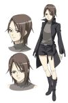  amano_yoki androgynous black_coat black_footwear black_shorts boots brown_eyes brown_hair character_sheet coat commentary_request expressionless eyes_visible_through_hair original shorts sleeveless solo turtleneck 