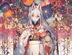  1girl animal_ears artist_name dated flower fox_ears hair_between_eyes highres holding holding_flower japanese_clothes kimono lemming_no_suana long_hair looking_at_viewer original pale_skin red_eyes solo standing white_hair white_kimono wide_sleeves 