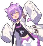  1girl agnes_tachyon_(umamusume) agnes_tachyon_(umamusume)_(cosplay) ahoge animal_ears cat_ears cat_tail collar cosplay fang food highres hololive labcoat midriff navel nekomata_okayu one_eye_closed onigiri onigiri_print purple_eyes purple_hair sleeves_past_fingers sleeves_past_wrists tail tomoyohi umamusume 