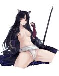  1girl animal_ear_fluff animal_ears architecture arknights black_hair blush breasts fundoshi japanese_clothes medium_breasts muscular navel nipples open_clothes partially_visible_vulva saga_(arknights) sawkm simple_background spread_legs white_background 