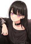  1girl absurdres black_hair blush closed_mouth collar collarbone ear_piercing earrings highres ichiki_1 jewelry long_hair looking_at_viewer mole mole_under_eye original piercing purple_eyes simple_background sitting smile straight_hair white_background 