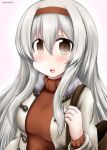  1girl brown_eyes grey_jacket hairband headband jacket kantai_collection long_hair official_alternate_costume ouno_(nounai_disintegration) red_headband red_sweater shoukaku_(kancolle) simple_background solo sweater white_background white_hair 