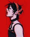  1boy black_hair blood blood_from_mouth blood_on_face chariko choker from_side highres jojo_no_kimyou_na_bouken male_focus messy_hair narancia_ghirga nosebleed open_mouth purple_eyes red_background signature solo vento_aureo 