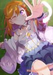  1girl bangs birthday breasts cleavage commentary_request dress feathers frilled_dress frills jacket kitahara_tomoe_(kitahara_koubou) long_hair looking_at_viewer love_live! love_live!_superstar!! one_eye_closed orange_hair purple_eyes shibuya_kanon small_breasts smile solo twitter_username 