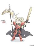  1girl alternate_costume armor axe cape character_name chibi circlet fire_emblem fire_emblem_awakening fire_emblem_heroes full_body green_hair highres holding holding_axe holding_sword holding_weapon jitome long_hair no_mouth nowi_(fire_emblem) purple_eyes ragnell red_armor saiykik simple_background sinmara_(fire_emblem) solo standing sword weapon white_background 