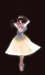  1girl apple ballerina ballet beling0210 black_hair breasts cleavage colored_skin disney dress en_pointe food fruit pantyhose pointe_shoes puff_and_slash_sleeves puffy_sleeves short_hair smile snow_white snow_white_and_the_seven_dwarfs tiara tutu white_skin 