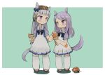  animal_ears black_bow black_neckwear blue_bow blush border bow bowtie brown_footwear brown_headwear closed_mouth dress ebimomo food gold_ship_(umamusume) green_background green_bow hair_bow hat horse_ears horse_tail ice_cream ice_cream_cone ice_cream_cone_spill long_hair mejiro_mcqueen_(umamusume) parted_lips pillbox_hat puffy_short_sleeves puffy_sleeves purple_eyes purple_hair purple_shirt sailor_dress shirt shoes short_sleeves simple_background standing tail tears thighhighs umamusume white_border white_dress white_legwear 