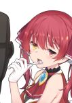  1girl absurdres bangs blush breasts brushing_teeth heterochromia highres holding holding_toothbrush hololive houshou_marine kaname_(melaninusa09) large_breasts long_hair looking_at_viewer open_mouth red_eyes red_hair ribbon smile solo toothbrush toothbrush_in_mouth twintails virtual_youtuber yellow_eyes 