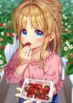  1girl bangs blonde_hair blue_eyes blurry blurry_background casual closed_mouth commentary_request daisy day eating eyebrows_visible_through_hair flower food fruit hair_intakes highres incoming_food long_hair looking_at_viewer moriya_suwako nora_wanko outdoors parted_bangs plant solo strawberry touhou upper_body white_flower 
