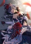  1girl blue_eyes capelet clothing_cutout dress elbow_gloves feathers flower fur-trimmed_capelet fur_trim gloves hand_on_own_chest headdress kyashii_(a3yu9mi) looking_at_viewer navel_cutout open_mouth parted_lips petals red_flower rose short_hair sidelocks sinoalice smoke snow_white_(sinoalice) solo thighhighs veil white_hair 