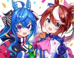  2girls :d @_@ ahoge animal_ears ascot bangs black_jacket blue_eyes blue_gloves blue_hair blush brown_hair collared_jacket commentary_request confetti epaulettes eyebrows_visible_through_hair gloves gyozanuko hair_between_eyes hand_up heterochromia highres horse_ears jacket long_hair long_sleeves looking_at_viewer multicolored_hair multiple_girls open_mouth pink_neckwear ponytail purple_eyes sharp_teeth single_epaulette sleeves_past_wrists smile streaked_hair teeth tokai_teio_(umamusume) twin_turbo_(umamusume) umamusume upper_teeth white_background white_hair white_jacket 