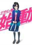  1girl :d bag bangs black-framed_eyewear black_hair black_legwear blazer blue_bow blue_jacket blue_skirt bookbag bow brown_eyes full_body glasses hair_ornament hami_(hami-gerden) highres jacket kneehighs looking_at_viewer mary_janes open_mouth original penny_loafers pink_vest school_uniform shoes short_hair simple_background skirt smile standing uniform vest x_hair_ornament 