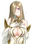  1girl bangs bare_shoulders blue_eyes blush breasts brown_hair cleavage cleavage_cutout closed_mouth clothing_cutout dress hair_ornament hair_over_one_eye highres large_breasts long_hair long_sleeves looking_at_viewer mitsugu simple_background solo tales_of_(series) tales_of_the_abyss tear_grants upper_body white_background white_dress 