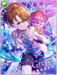  1boy brown_hair cage card_(medium) card_parody character_name choker collared_shirt finger_to_mouth food green_hair gretel_(sinoalice) hansel_(sinoalice) idol jacket kina_(446964) lantern leaning_forward looking_at_viewer male_focus multicolored_hair open_mouth pie screen shirt short_hair sinoalice star_(symbol) teeth two-tone_hair 