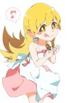  1girl bakemonogatari blonde_hair blush doughnut food highres kuroiwa_brs long_hair looking_at_viewer monogatari_(series) oshino_shinobu sleeveless tongue tongue_out yellow_eyes 