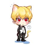  1boy :p ? animal_ears bangs black_footwear black_jacket black_pants blonde_hair blush_stickers cat_boy cat_tail chibi fate/stay_night fate_(series) gilgamesh_(fate) jacket kemonomimi_mode looking_at_viewer notice_lines pants red_eyes shiny shiny_hair shirt short_hair simple_background solo spoken_question_mark suzumetarou tail tongue tongue_out v-shaped_eyebrows white_background white_shirt 