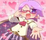  1girl ;d belt belt_buckle black_cape blush brown_belt brown_cape brown_shirt buckle cape commentary_request copyright_request dutch_angle glasses hand_up heart highres long_sleeves looking_at_viewer naga_u one_eye_closed open_mouth outstretched_arm pants pink_background purple_eyes purple_hair red-framed_eyewear semi-rimless_eyewear shirt smile solo sparkle striped under-rim_eyewear vertical-striped_pants vertical_stripes 