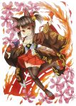  1girl :d akagi-chan_(azur_lane) animal_ears azur_lane bangs bell black_hair black_legwear breasts cherry_blossoms collarbone commentary_request detached_collar eyebrows_visible_through_hair eyes_visible_through_hair fire flight_deck fox_ears fox_girl fox_tail full_body hair_ribbon hair_tubes haze_(user_ywgc2832) head_tilt highres holding holding_paper japanese_clothes kyuubi long_hair looking_at_viewer marker_(medium) multiple_tails open_mouth paper paper_airplane pleated_skirt red_eyes red_skirt ribbon sidelocks simple_background skirt small_breasts smile solo tail thighhighs traditional_media twintails v-shaped_eyebrows white_background wide_sleeves zettai_ryouiki 