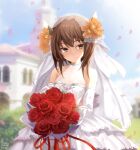  1girl alexzhang alternate_costume bouquet bridal_veil bride brown_eyes brown_hair dress elbow_gloves flat_chest flower gloves headband headgear highres holding holding_bouquet kantai_collection short_hair sleeveless sleeveless_dress smile solo taihou_(kancolle) upper_body veil wedding_dress white_dress 