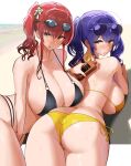  2girls absurdres ass azur_lane back bangs bare_shoulders beach bikini black_bikini blush breasts cleavage collarbone eyewear_on_head goggles goggles_on_head highres large_breasts licking_lips long_hair looking_at_viewer looking_back lotion lotion_bottle multiple_girls nanae orange_eyes pola_(azur_lane) pola_(seaside_coincidence)_(azur_lane) red_hair side_ponytail sidelocks smile sunglasses swimsuit thighs tongue tongue_out twintails yellow_bikini zara_(azur_lane) zara_(poolside_coincidence)_(azur_lane) 
