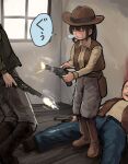  1girl 2boys absurdres blue_pants boots brown_footwear brown_hair brown_vest chanta_(ayatakaoisii) closed_eyes cowboy_boots cowboy_hat death finger_on_trigger firing grey_pants gun hat highres holding holding_gun holding_weapon holster indoors lying multiple_boys nose_bubble on_back original pants parody ponytail revolver saliva shirt sleeping sleeping_upright vest weapon window yellow_shirt 