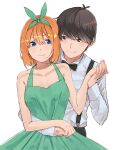  1boy 1girl absurdres black_eyes black_hair black_neckwear black_pants bow bowtie breasts cleavage collarbone collared_shirt go-toubun_no_hanayome green_ribbon hair_ribbon hetero highres holding_hands hug hug_from_behind looking_at_another looking_to_the_side nakano_yotsuba orange_hair pants ribbon shirt shirt_tucked_in short_hair smile suspenders uesugi_fuutarou white_background white_shirt yamada_(yum_duck) 