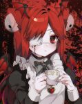  1girl apron bat_wings blood blood_on_face chariko choker commission cup eyepatch frilled_apron frills head_wings long_hair original pale_skin red_background red_eyes red_hair solo teacup upper_body wings 