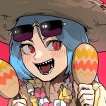  1girl :d blue_hair blush borrowed_character close-up commentary english_commentary eyewear_on_head gogalking hat holding holding_instrument instrument maracas open_mouth original red_background red_eyes same-chan_(ssangbong-llama) sharp_teeth slit_pupils smile solo straw_hat sunglasses teeth upper_body wreath 