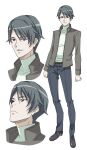  1boy amano_yoki belt black_hair brown_jacket character_sheet commentary_request eyebrows_visible_through_hair frown full_body jacket male_focus original solo turtleneck white_background 