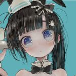  1girl animal_ears black_bow black_hair black_neckwear blue_background blush bow bowtie bunny_ears closed_mouth ebimomo hair_bow hair_ornament hairclip head_tilt holding holding_tray long_hair looking_at_viewer original ponytail purple_eyes ringed_eyes simple_background solo tray 