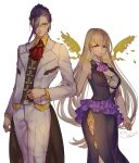  1boy 1girl aqua_eyes black_hair blonde_hair breasts butler cleavage cleavage_cutout closed_eyes closed_mouth clothing_cutout color_switch energy_wings formal frills glasses hair_ornament hairclip hameln_(sinoalice) hand_on_another&#039;s_arm highres long_hair looking_at_viewer multicolored_hair ojo_aa pants purple_hair rapunzel_(sinoalice) red_eyes sinoalice skirt smile suit two-tone_hair white_background wings 