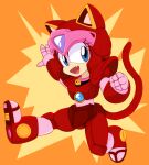  2021 anthro armor blue_eyes domestic_cat ema_npr felid feline felis female fur hi_res jumping mammal pink_body pink_fur polly_esther samurai_pizza_cats solo 