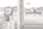  1girl aircraft beanie brown_theme coat dated from_behind hat helicopter horikou monochrome outdoors pole railing river shima_rin ship signature watercraft winter_clothes winter_coat yurucamp 