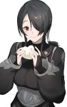  1girl :t black_hair bridal_gauntlets fingernails food food_on_face hands_up highres holding holding_food km_yama long_hair long_sleeves one_eye_covered original rice rice_on_face simple_background smile solo symbol_commentary underbust upper_body white_background 