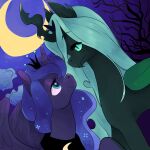  absurd_res accessory_swap arthropod changeling crown duo equid equine eye_contact fangs female feral forest forest_background friendship_is_magic hi_res horn looking_at_another mammal moon my_little_pony nature nature_background night plant princess_luna_(mlp) queen_chrysalis_(mlp) reallycoykoifish romance star tree winged_unicorn wings 