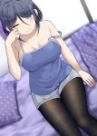  1girl bangs bare_arms bare_shoulders black_hair black_legwear blue_camisole blue_eyes blush breasts camisole closed_mouth collarbone commentary_request dutch_angle eyebrows_visible_through_hair feet_out_of_frame grey_shorts gurande_(g-size) hair_between_eyes hand_up highres large_breasts legwear_under_shorts long_hair narumiya_inori one_eye_closed original pantyhose pillow polka_dot rubbing_eyes short_shorts shorts sitting solo strap_slip 