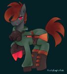  armor clothing earth_pony equid equine eye_scar facial_scar fangs feral gas_mask gun hasbro headgear helmet hi_res horse looking_aside male mammal mask my_little_pony pony pupils ranged_weapon reallycoykoifish scar simple_background slit_pupils solo uniform weapon 