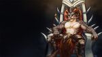  2021 5_fingers abs absurd_res anthro armor chair charr claws clothed clothing digital_media_(artwork) fangs felid fingers furniture green_eyes guild_wars hi_res horn male mammal melee_weapon muscular muscular_anthro muscular_male partially_clothed scar sitting solo sword throne vateo video_games weapon 