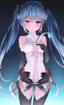  1girl bangs black_background black_gloves black_legwear blue_background blue_eyes blue_hair breasts commentary_request eyebrows_behind_hair gloves gradient gradient_background hair_between_eyes hand_up hatsune_miku hatsune_miku_(append) highres komomo_(ptkrx) long_hair looking_at_viewer navel parted_lips partially_fingerless_gloves shirt sleeveless sleeveless_shirt small_breasts solo thighhighs twintails very_long_hair vocaloid vocaloid_append white_shirt 