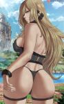  ass black_panties blonde_hair breasts brown_eyes cynthia_(pokemon) from_behind grass hair_over_one_eye highres large_breasts long_hair looking_at_viewer looking_back panties pokemon pokemon_(game) pokemon_dppt river shexyo skindentation sunlight thighs thong underwear 