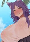  1girl animal_ear_fluff animal_ears bangs blue_sky blush breasts brown_eyes covered_nipples go-m highres large_breasts looking_at_viewer makoto_(princess_connect!) medium_hair palm_tree perspective princess_connect! princess_connect!_re:dive purple_hair shirt sidelocks sky tree wet wet_clothes wet_shirt white_shirt wolf_ears 