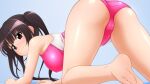  1girl absurdres all_fours ass barefoot black_eyes black_hair blue_background commentary_request competition_swimsuit crotch_seam feet_out_of_frame highres long_hair one-piece_swimsuit original pink_swimsuit solo sugimura_tomokazu swimsuit 