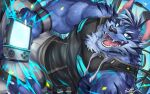  anthro blue_body blue_eyes blue_fur canid canine canis fur gaming hi_res looking_at_viewer male mammal muscular muscular_anthro muscular_male playing_videogame rabbity sleeveless_hoodie solo tindalos_(tas) tokyo_afterschool_summoners video_games wolf 