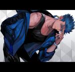  1boy alternate_costume beads bent_over black_tank_top blue_hair bracelet closed_mouth collarbone contemporary cu_chulainn_(fate)_(all) cu_chulainn_(fate/stay_night) earrings fate/stay_night fate_(series) grin hair_beads hair_ornament hand_on_own_face jacket jacket_on_shoulders jewelry long_hair looking_at_viewer makashiki_(aarni_0) male_focus ponytail red_eyes shirt smile solo spiked_hair tank_top 