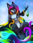  2021 4_toes 5_fingers anthro black_hair canid canine day detailed_background digital_media_(artwork) featureless_crotch feet fingers girly hair hi_res lapres long_hair looking_at_viewer male mammal multicolored_hair outside rainbow_hair sky smile solo toes yellow_eyes 